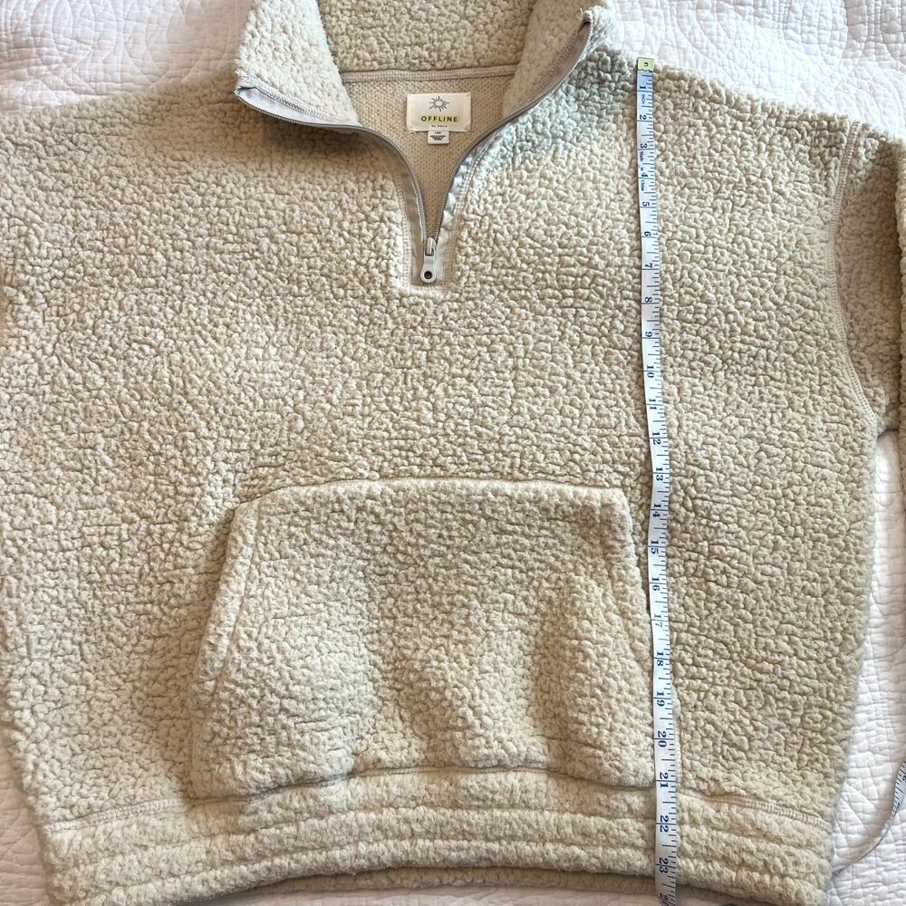 aerie Offline Sherpa Pull Over 1/4 Zip Cream Cropped Sweatshirt Large Lounge - Picture 6 of 9